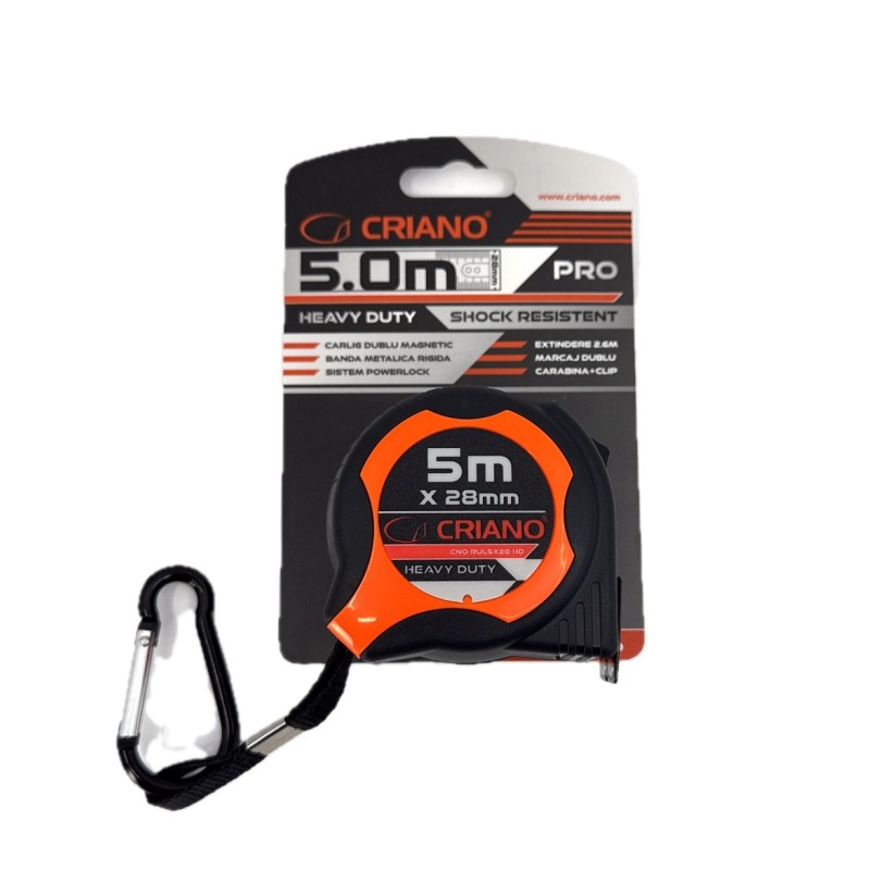 Ruleta Magnetica Heavy-Duty banda metalica cu dublu marcaj, ranforsata anti-shock si carabina, 5m x 28mm - CNO-RUL5X28-HD