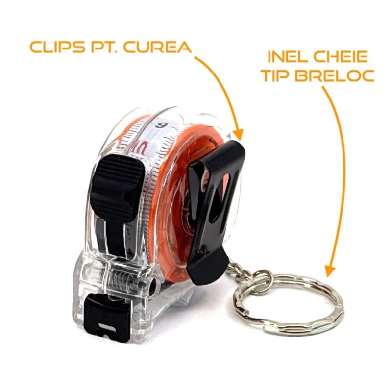 Ruleta Compacta banda metalica cu dublu marcaj, corp transparent cu inel tip breloc, 2m x 13mm - CNO-RUL2X13-KEY