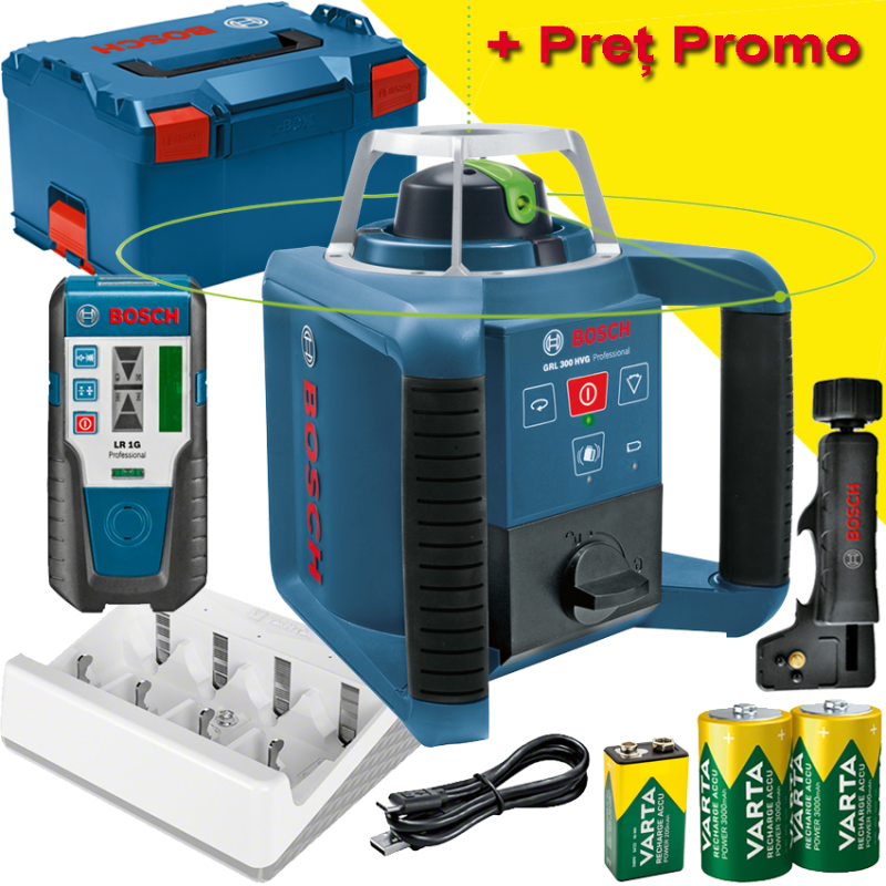 BOSCH GRL 300 HVG + LR 1 Nivela laser rotativa cu laser VERDE (300 m) + Receptor + L-BOXX