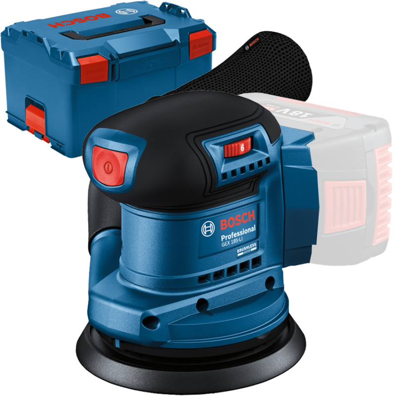 BOSCH GEX 185-LI (SOLO) Slefuitor excentric brushless Li-Ion, fara acumulator in set + Incarcator + L-BOXX