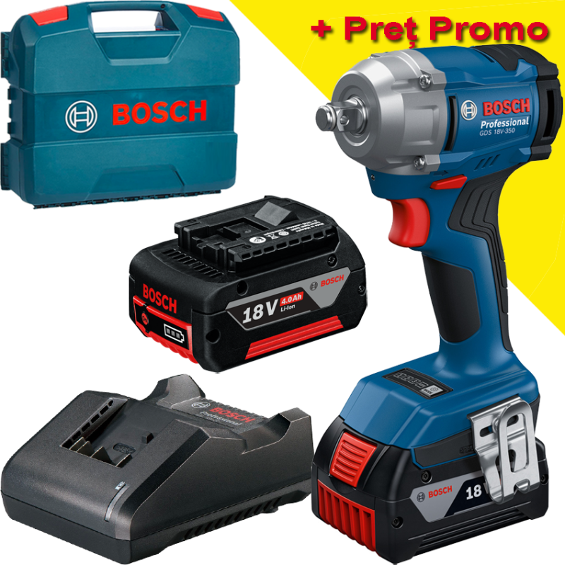 BOSCH GDS 18V-350 Surubelnita cu impact brushless cu 2 acumulatori Li-Ion, 4Ah, 350Nm, prindere 1/2" + L-CASE BOSCH GDS 18V-350 Surubelnita cu impact brushless cu 2 acumulatori Li-Ion, 4Ah, 350Nm, prindere 1/2" + L-CASE