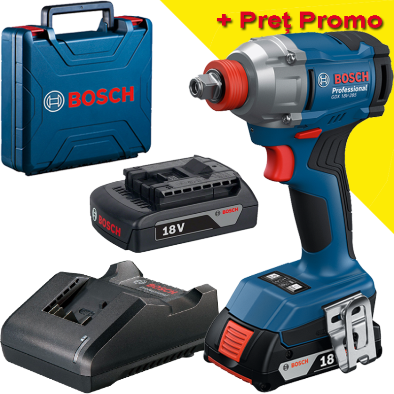 BOSCH GDX 18V-285 Masina de insurubat cu impact brushless, cu 2 acumulatori Li-Ion, 2Ah, 285Nm + Valiza BOSCH GDX 18V-285 Masina de insurubat cu impact brushless, cu 2 acumulatori Li-Ion, 2Ah, 285Nm + Valiza