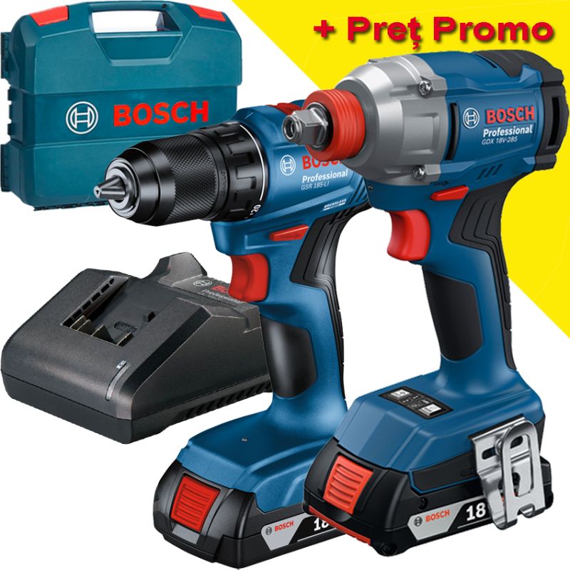 BOSCH GDX 18V-285 Masina de insurubat cu impact brushless, cu 2 acumulatori Li-Ion, 2Ah, 285Nm + GSR 185-LI Masina de gaurit si BOSCH GDX 18V-285 Masina de insurubat cu impact brushless, cu 2 acumulatori Li-Ion, 2Ah, 285Nm + GSR 185-LI Masina de gaurit si