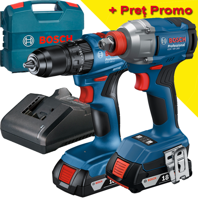 BOSCH GDX 18V-285 Masina de insurubat cu impact brushless, cu 2 acumulatori Li-Ion, 2Ah, 285Nm + GSB 185-LI Masina de gaurit cu BOSCH GDX 18V-285 Masina de insurubat cu impact brushless, cu 2 acumulatori Li-Ion, 2Ah, 285Nm + GSB 185-LI Masina de gaurit cu