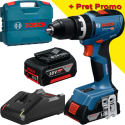 BOSCH GSB 18V-65 Masina de gaurit cu percutie brushless cu 2 acumulatori Li-Ion, unul de 2Ah si unul de 4Ah, 65Nm + Valiza L-CAS