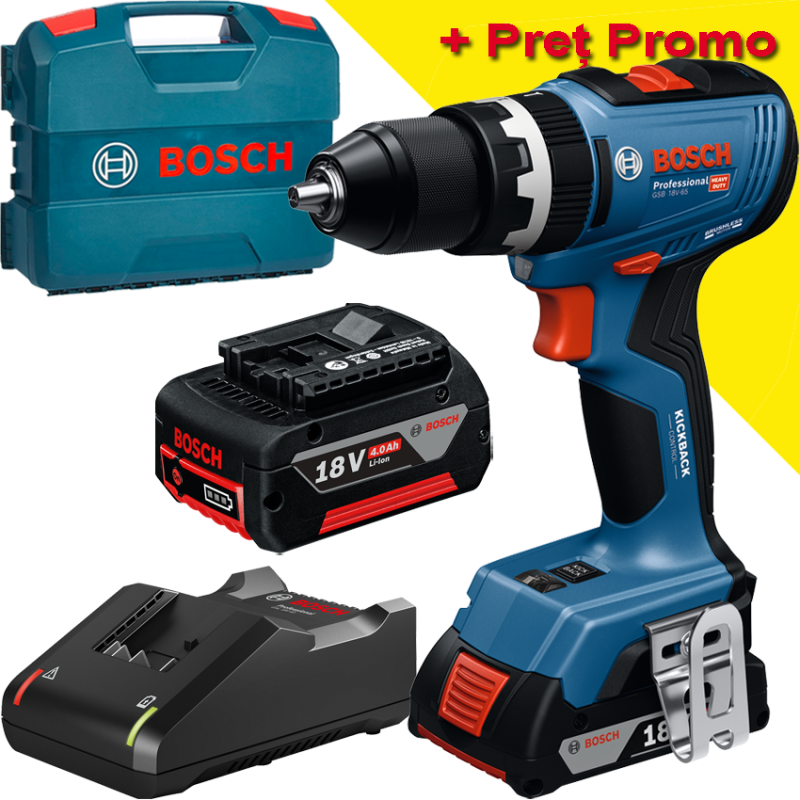 BOSCH GSB 18V-65 Masina de gaurit cu percutie brushless cu 2 acumulatori Li-Ion, unul de 2Ah si unul de 4Ah, 65Nm + Valiza L-CAS