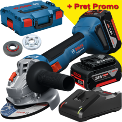 BOSCH GWS 18V-8 Polizor unghiular brushless, cu 2 acumulatori Li-Ion, 4Ah, diametru disc 125 mm + L-BOXX