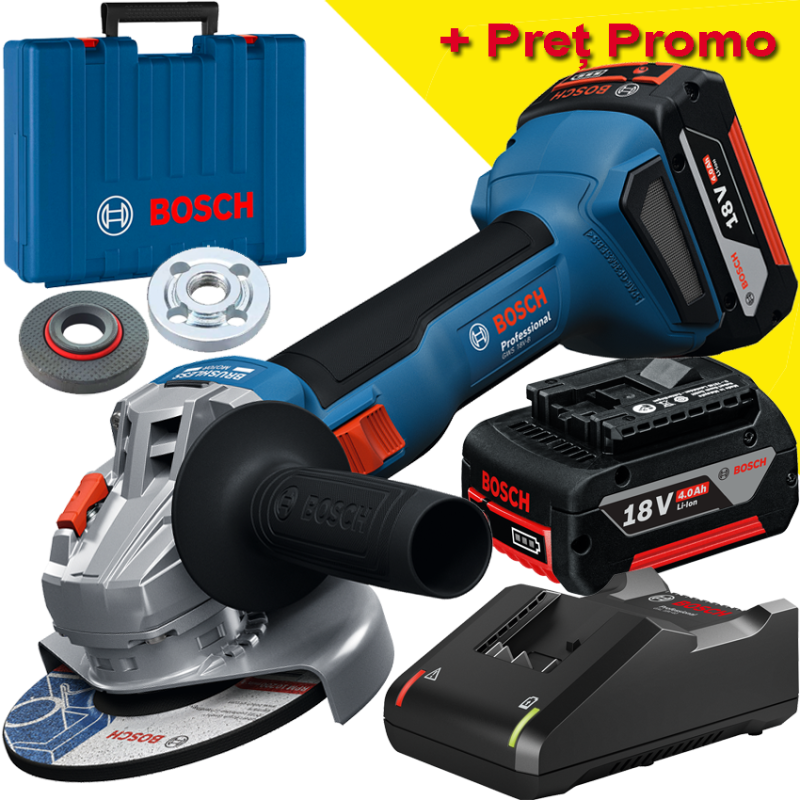 BOSCH GWS 18V-8 Polizor unghiular brushless, cu 2 acumulatori Li-Ion, 4Ah, diametru disc 125 mm + Valiza