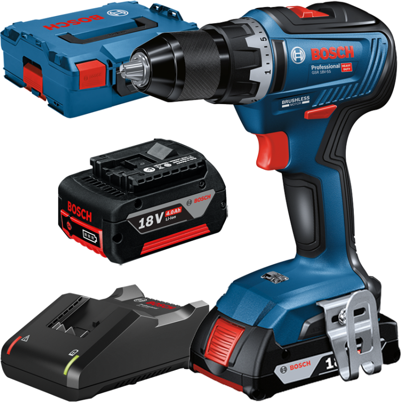 BOSCH GSR 18V-55 Masina de gaurit si insurubat brushless, cu 2 acumulatori Li-Ion, unul de 4Ah, si unul de 2Ah, 55Nm + L-BOXX
