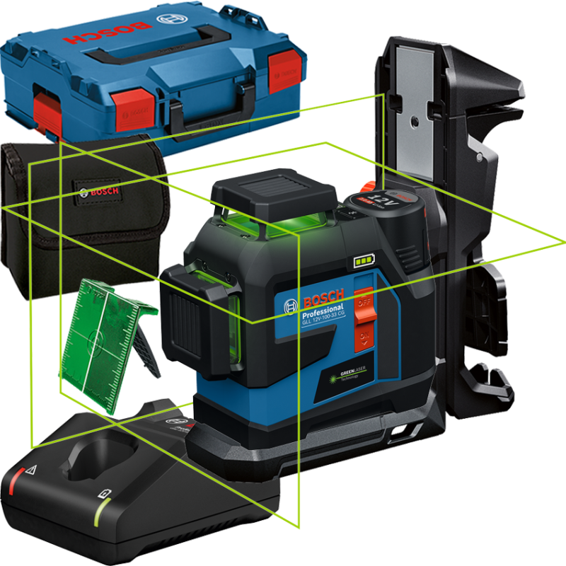 BOSCH GLL 12V-100-33 CG + LB 10 + DK 20 Nivela laser cu linii verzi (100 m), cu 1 acumulator Li-Ion, 2Ah + Suport universal + C BOSCH GLL 12V-100-33 CG + LB 10 + DK 20 Nivela laser cu linii verzi (100 m), cu 1 acumulator Li-Ion, 2Ah + Suport universal + C