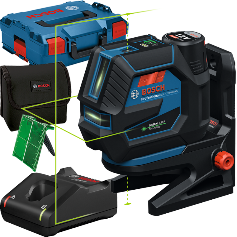 BOSCH GCL 12V-50-22 CG + RM 20 Nivela laser cu linii verzi (50 m), cu 1 acumulator Li-Ion, 2Ah + Suport rotativ + L-BOXX BOSCH GCL 12V-50-22 CG + RM 20 Nivela laser cu linii verzi (50 m), cu 1 acumulator Li-Ion, 2Ah + Suport rotativ + L-BOXX