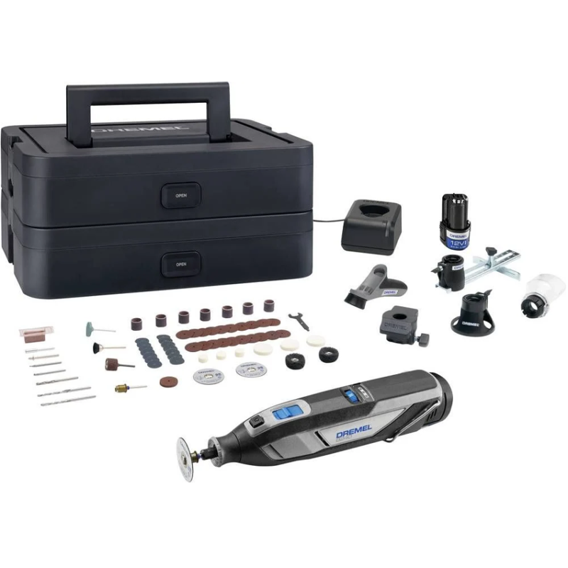 DREMEL 8240-5/65 Unealta multifunctionala cu 2 acumulatori 12V, 2Ah + 5 atasamente + 65 accesorii + Cutie