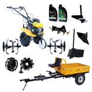 ProGARDEN Pachet Campo 703 Motocultor 7CP + Remorca RM500C + Plug simplu + 2xPlug bilonat/rarita + Adaptor + 2 Roti metalice 350