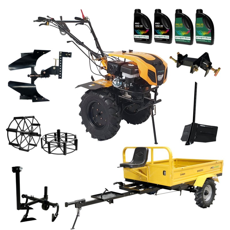 ProGARDEN Pachet Campo 1844 Motocultor 18CP + Remorca RM600C + Plug bilonat + Plug reversibil + Prasitoare + Adaptor + 2 roti m