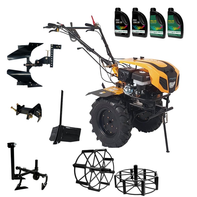 ProGARDEN Pachet Campo 1844 Motocultor 18CP + Plug bilonat + Plug reversibil + Prasitoare + Adaptor + 2 roti metalice 540x170 +