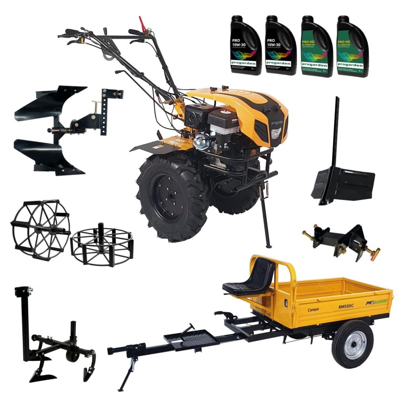ProGARDEN Pachet Campo 1844 Motocultor 18CP + Remorca RM500C + Plug bilonat + Plug reversibil + Prasitoare + Adaptor + 2 Roti me