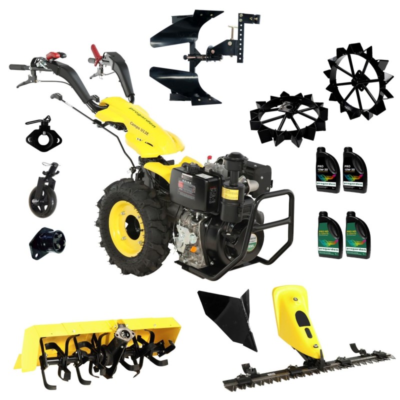 ProGARDEN Pachet Campo U12E Motocultor 12CP + BC120M Bara cosire + 3xPlug + FT90 Freza tractata + 2xRoti metalice RM47 + 2xCuple