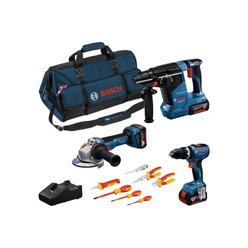 Bosch Set Combi 18V GSB18V-65 + GWS18V-11 + GBH18V‑24C + 3xGBA 18V 5.0Ah + GAL18V-40 + Set 7 scule