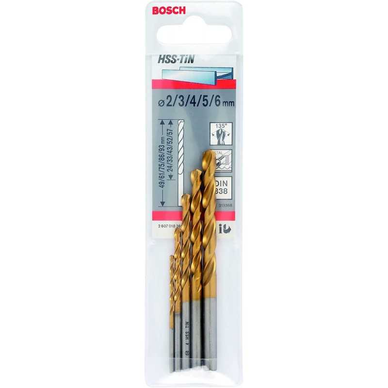Bosch Caseta 5 burghie HSS-TiN, DIN 338, D2-6mm