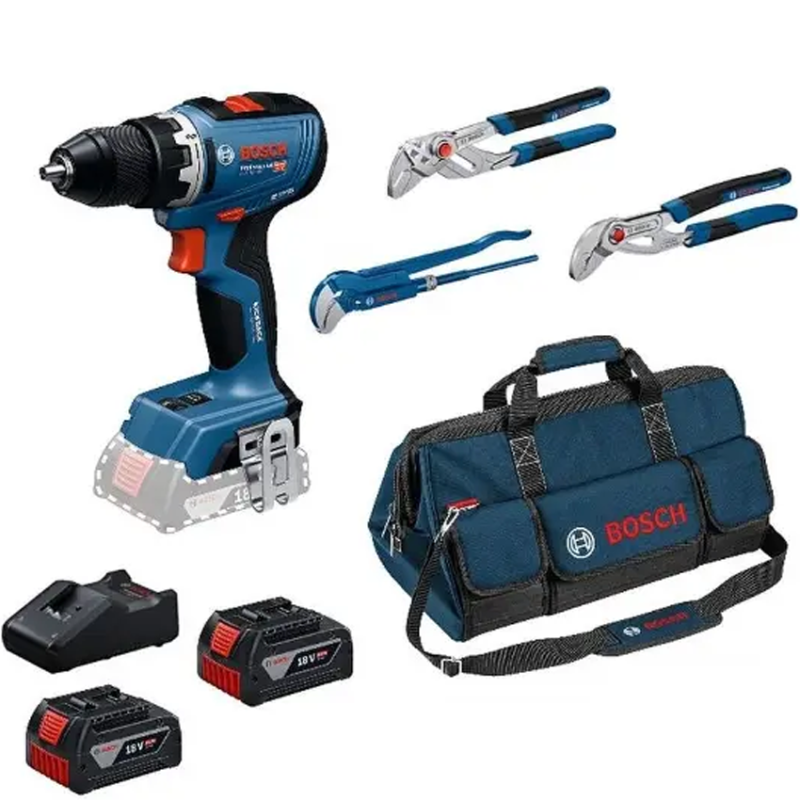 BOSCH GSR 18V-65 Masina de gaurit si insurubat brushless cu 2 acumulatori Li-Ion, 5Ah, 63Nm + Set 3 clesti pentru instalatii san