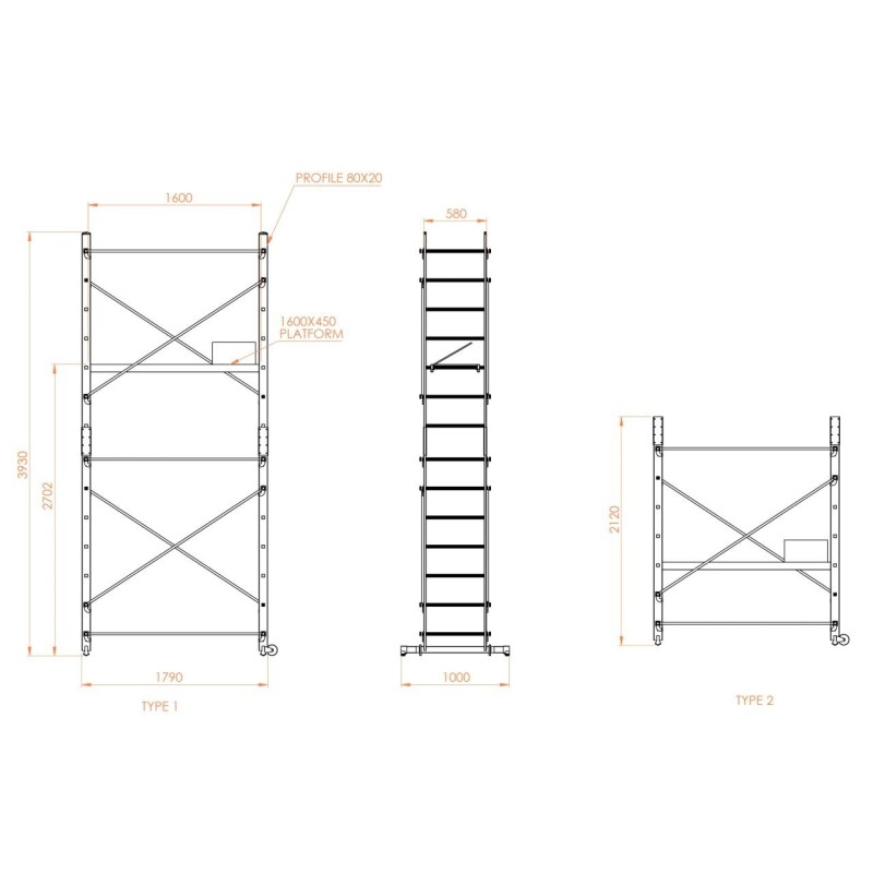 Schela aluminiu mobila 2x2(m), inaltime 4m, platforma 1,6x0,45(m), max. 150kg - CNO-SME-ADDY5M