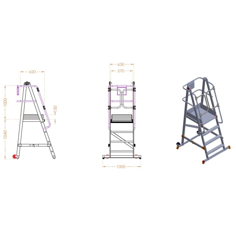 Scara industriala rabatabila aluminiu cu 3 trepte si platforma, inaltime 104cm - CNO-SME-FWPL13