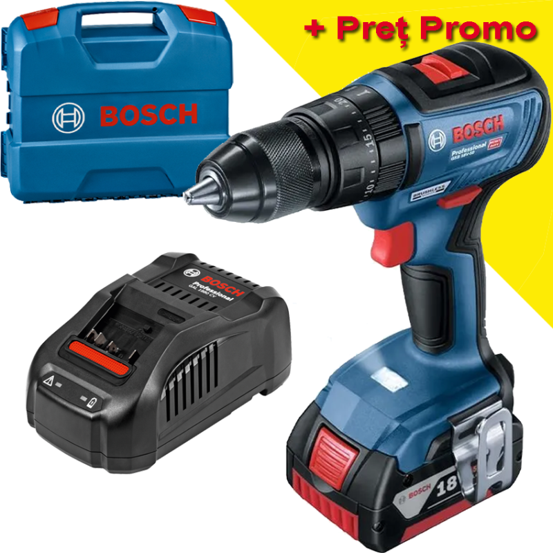 BOSCH GSB 18V-50 Masina de gaurit cu percutie brushless cu 1 acumulator Li-Ion 5Ah, 50Nm, cu incarcator rapid de 8Ah GAL1880CV +