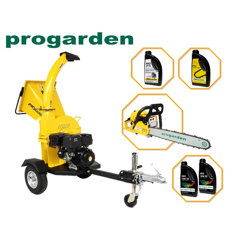 Pachet ProGARDEN TB120 tocator resturi vegetale, 12CP, benzina, 120mm + MF3545P Motoferastrau 450mm, 3.4CP, benzina 2T, 55cmc +