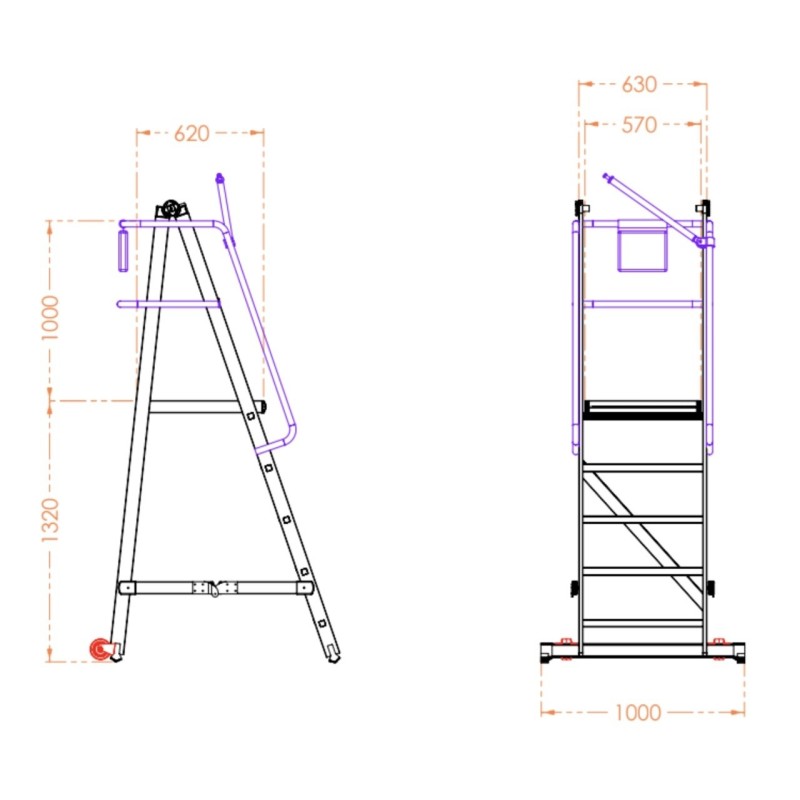 Scara industriala rabatabila (pliabila) din aluminiu cu 4 trepte si platforma h=132cm, inaltime de lucru 3,3m - CNO-SME-FWPL14