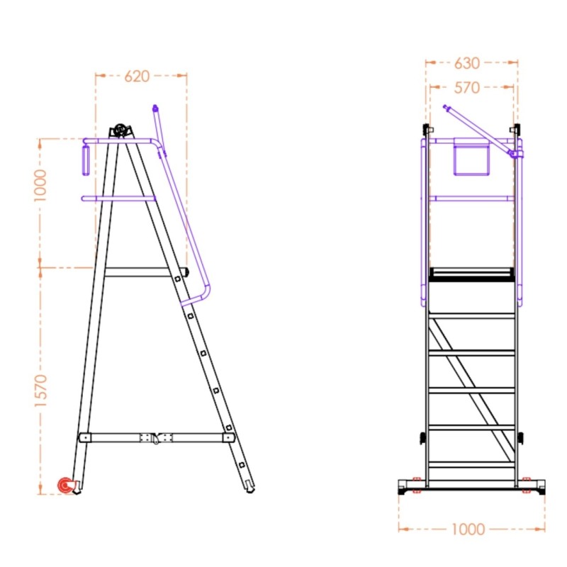 Scara industriala rabatabila (pliabila) din aluminiu cu 5 trepte si platforma h=157cm, inaltime de lucru 3,5m - CNO-SME-FWPL15