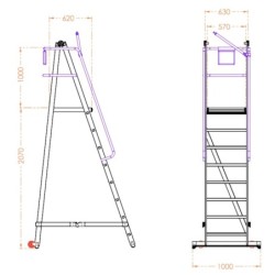 Scara industriala rabatabila (pliabila) din aluminiu cu 7 trepte si platforma h=207cm, inaltime de lucru 4,1m - CNO-SME-FWPL17