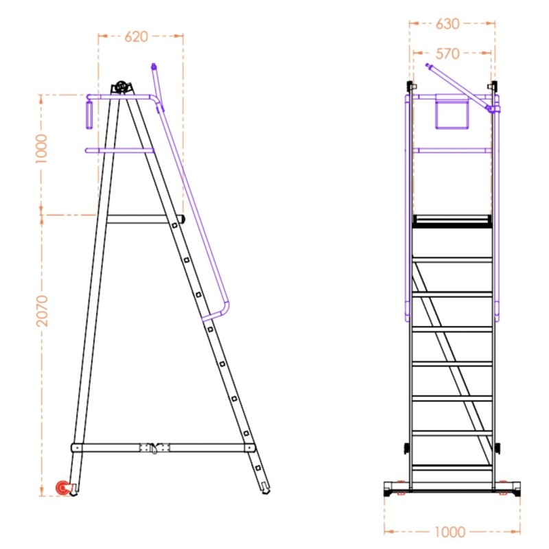 Scara industriala rabatabila (pliabila) din aluminiu cu 7 trepte si platforma h=207cm, inaltime de lucru 4,1m - CNO-SME-FWPL17