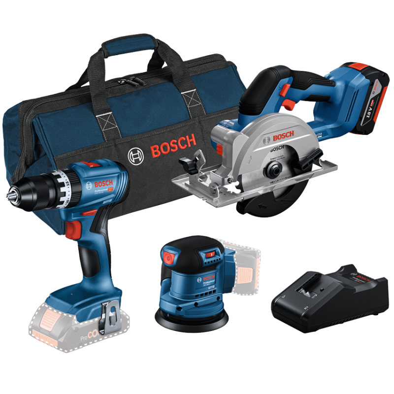 BOSCH Kit 3 scule 18V GSB 18V-45 + GEX 185-LI + GKS 18V-51 + 1 x GBA 4.0Ah + GAL 18V-40 + Geanta textil