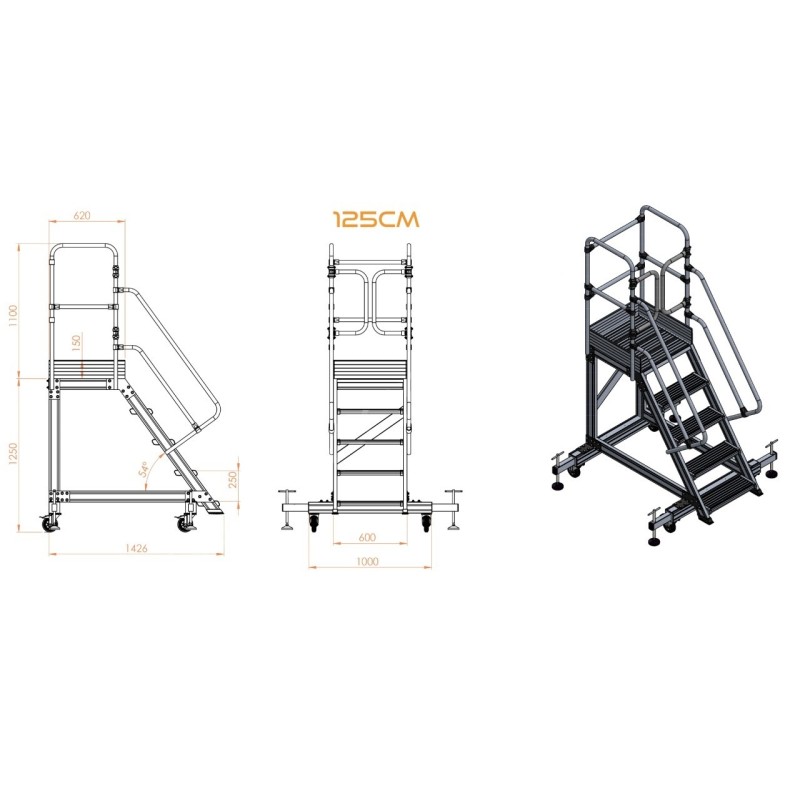 Scara industriala din aluminiu cu 3-8 trepte, platforma si roti ajustabile, h=100-225(cm), inaltime lucru 3-4,25(m) - CNO-SME-AL