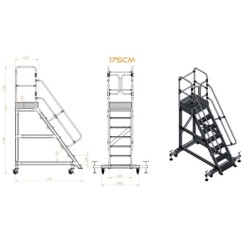 Scara industriala din aluminiu cu 3-8 trepte, platforma si roti ajustabile, h=100-225(cm), inaltime lucru 3-4,25(m) - CNO-SME-AL