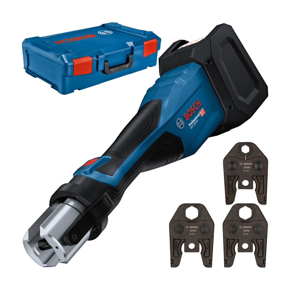 BOSCH GPT 18V-32 (SOLO) Aparat de presare Li-Ion, fara acumulator in set + Gheare presare SV15, SV22, SV28 + XL-BOXX