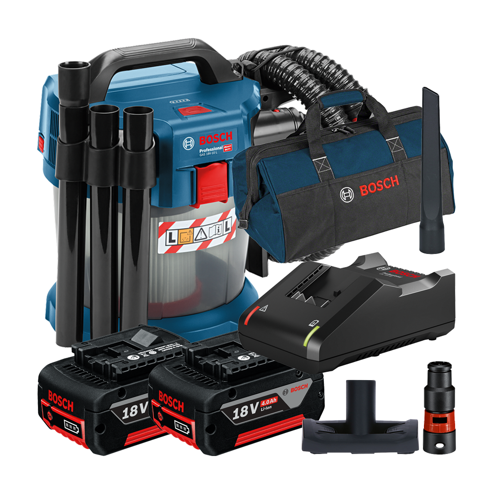 BOSCH GAS 18V-10 L Aspirator 18V cu 2 acumulatori Li-Ion, 4Ah CoolPack + Incarcator + Geanta textil mediu