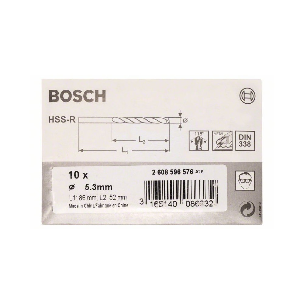 Bosch Set 10 burghie pentru metal HSS-R, DIN338, 5.3x52x86mm