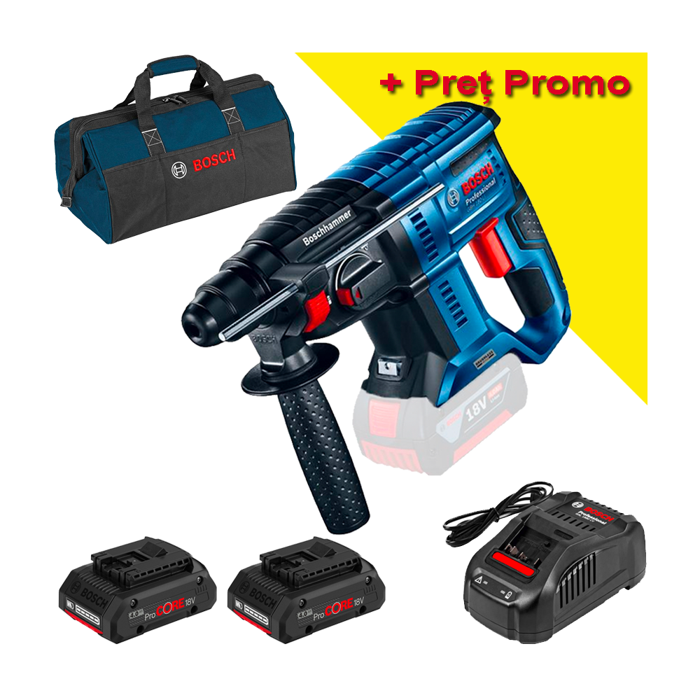 BOSCH GBH 180-LI (SOLO) Ciocan rotopercutor brushless Li-Ion, 2J +  Set 2 acumulatori 4Ah ProCore + Incarcator + Geanta textil m
