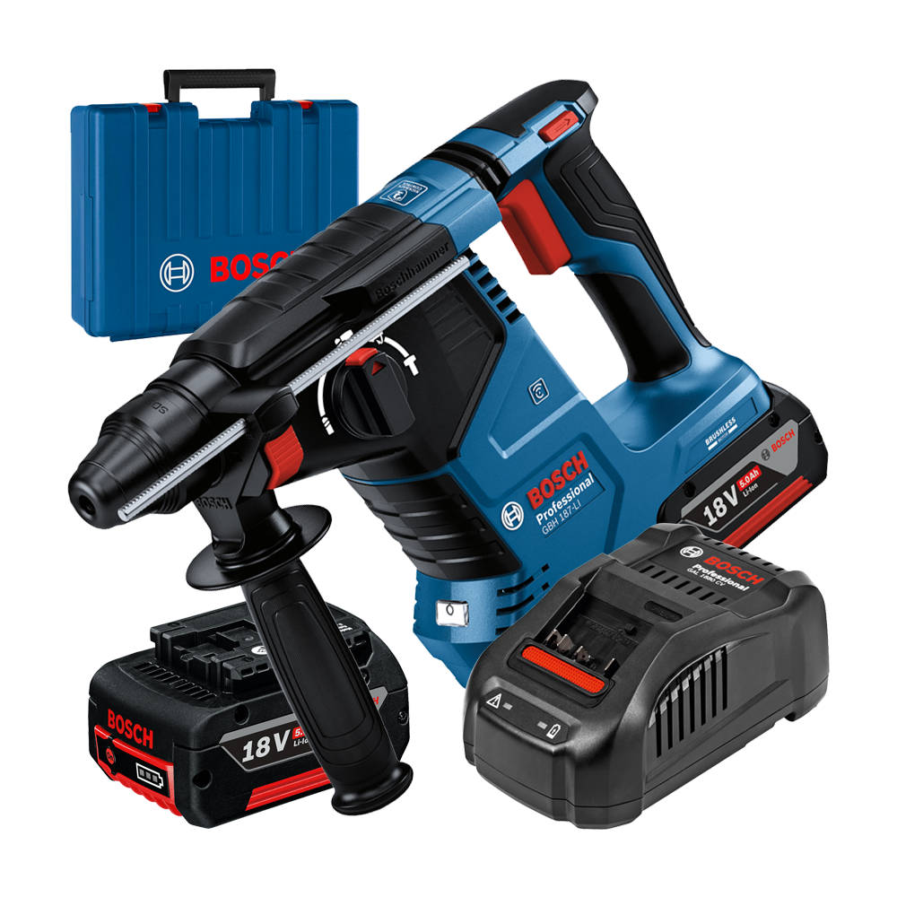 BOSCH GBH 187-LI Ciocan rotopercutor brushless, cu 2 acumulatori Li-Ion 5Ah, 2.4J + Incarcator 8Ah + Valiza