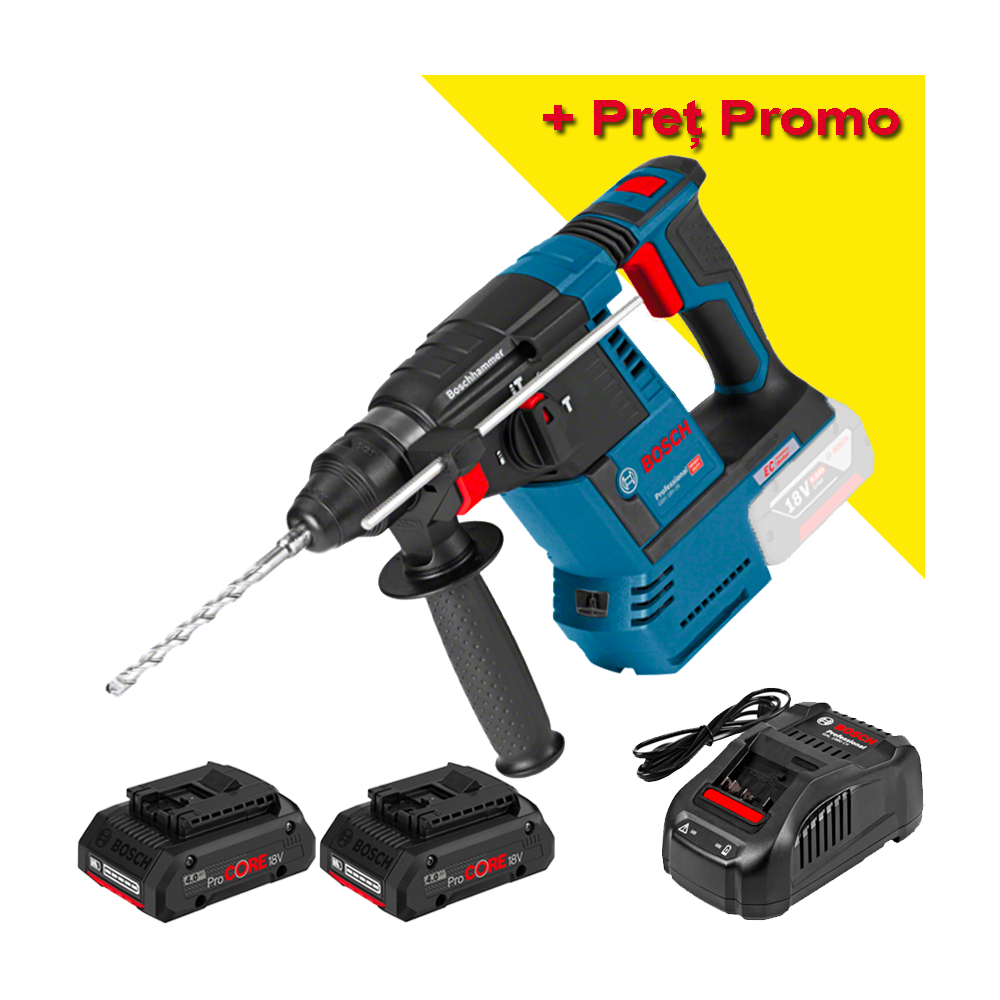 BOSCH GBH 18V-26 (SOLO) Ciocan rotopercutor brushless, Li-Ion, 2.6J +  Set 2 acumulatori 4Ah ProCore + Incarcator