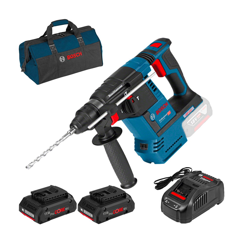 BOSCH GBH 18V-26 (SOLO) Ciocan rotopercutor brushless, Li-Ion, 2.6J +  Set 2 acumulatori 4Ah ProCore + Incarcator + Geanta texti