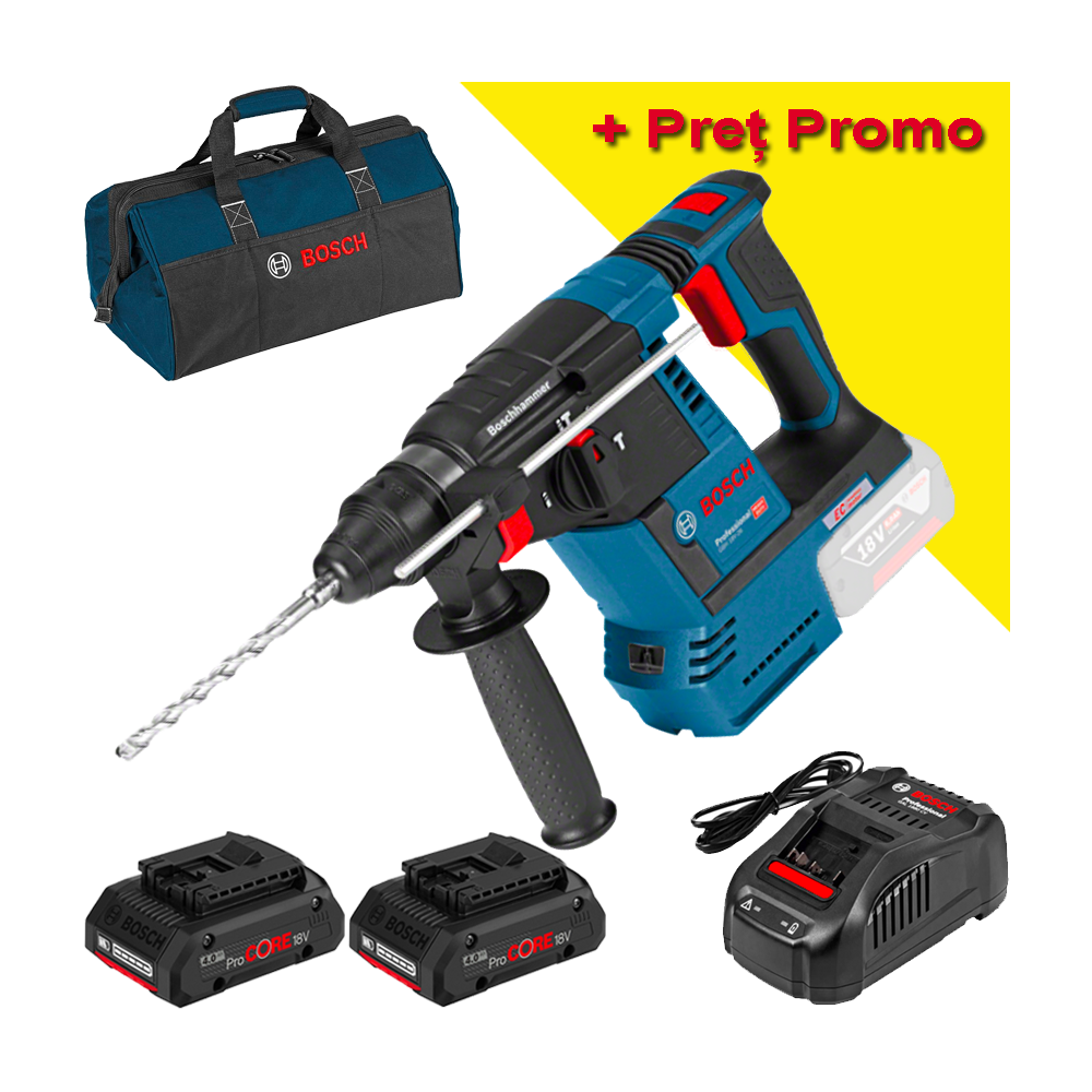 BOSCH GBH 18V-26 (SOLO) Ciocan rotopercutor brushless, Li-Ion, 2.6J +  Set 2 acumulatori 4Ah ProCore + Incarcator + Geanta texti