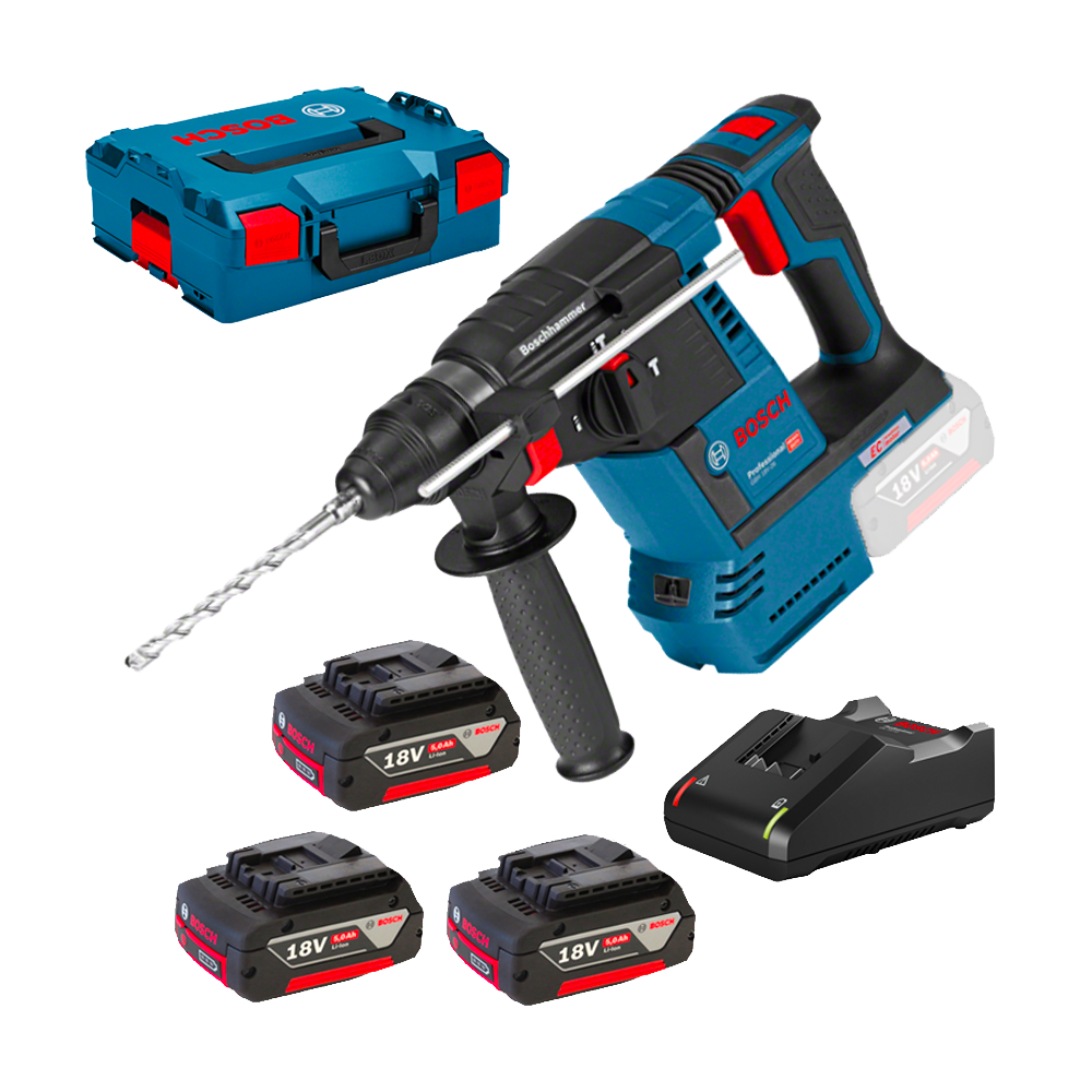BOSCH GBH 18V-26 (SOLO) Ciocan rotopercutor brushless, Li-Ion, 2.6J +  Set 3 acumulatori Li-Ion, 18V, 5Ah + Incarcator + L-BOXX