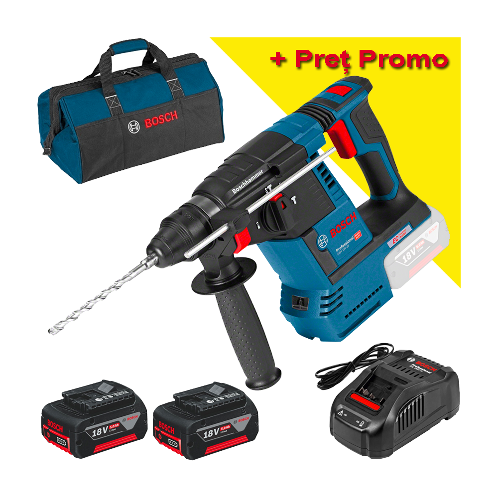 BOSCH GBH 18V-26 (SOLO) Ciocan rotopercutor brushless, Li-Ion, 2.6J +  SET PRO-MIX - Incarcator GAL1880CV + 2 acu 18V, 5Ah + Gea