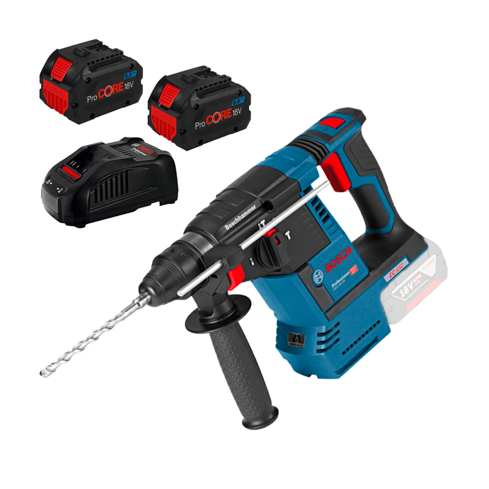 BOSCH GBH 18V-26 Ciocan rotopercutor brushless cu 2 acumulatori Li-Ion, 18V, 8Ah, 2.6J + Incarcator rapid + Geanta textil