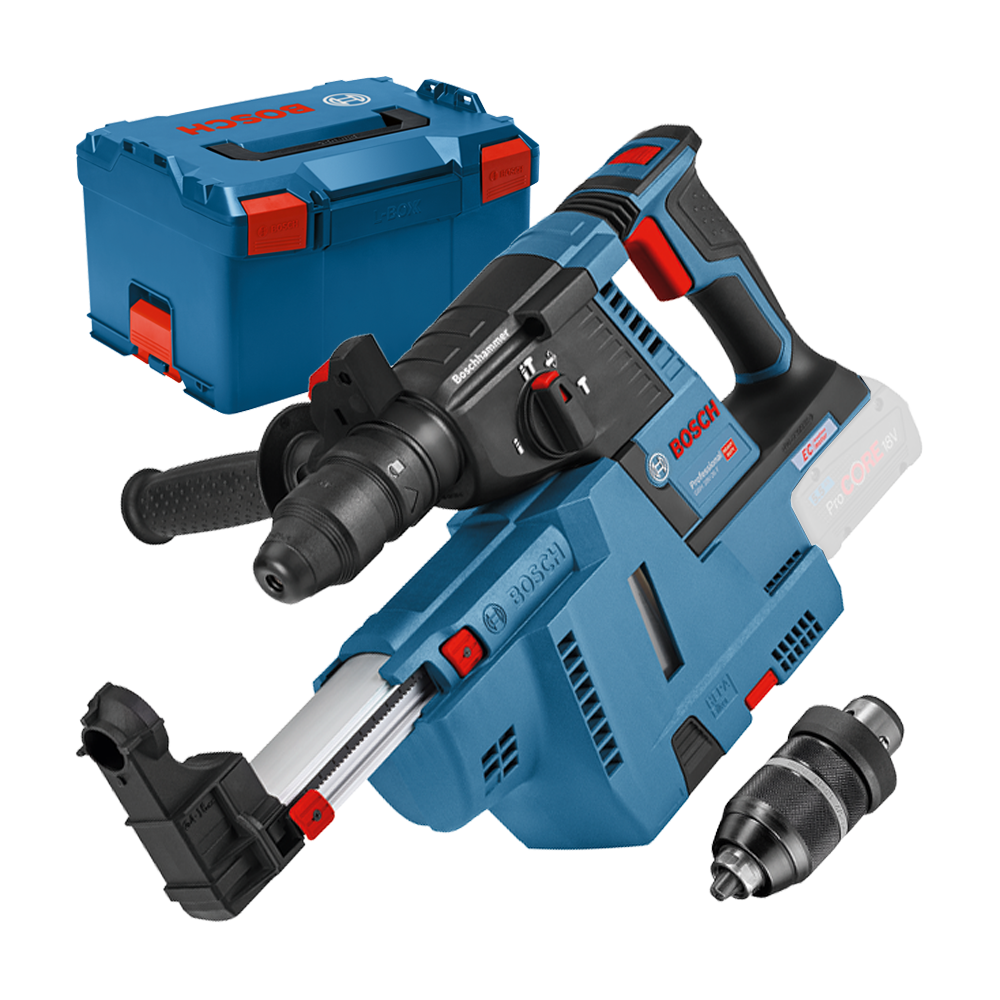 BOSCH GBH 18V-26 F (SOLO) + GDE 18V-16 Ciocan rotopercutor brushless, Li-Ion, 2.6J, fara acumulator in set + Sistem de extractie