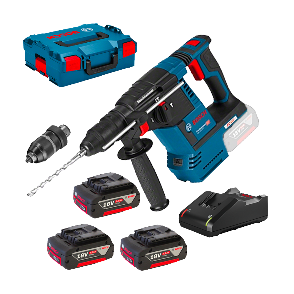 BOSCH GBH 18V-26 F (SOLO) Ciocan rotopercutor brushless, Li-Ion, 2.6J +  Set 3 acumulatori Li-Ion, 18V, 5Ah + Incarcator + L-BOX