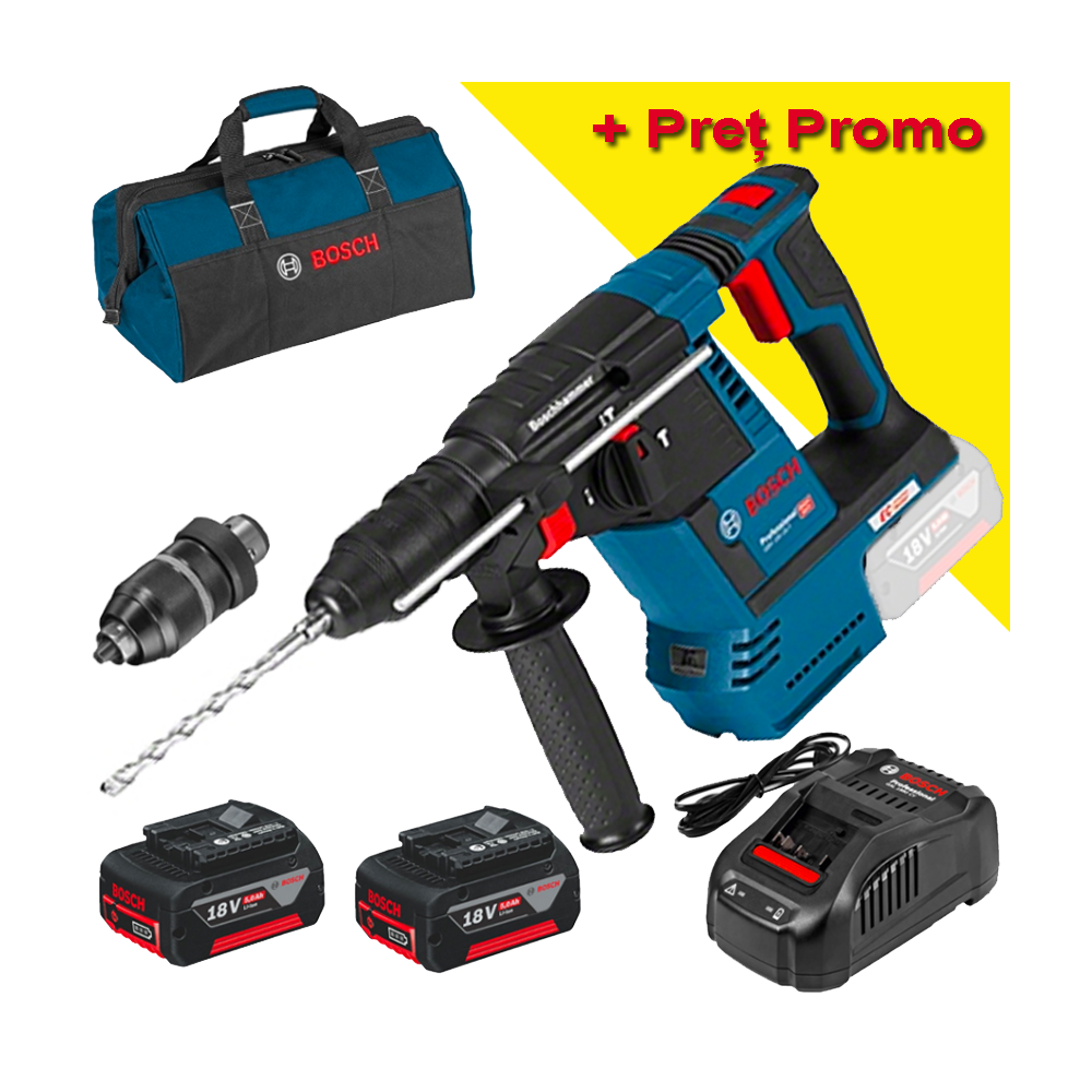BOSCH GBH 18V-26 F (SOLO) Ciocan rotopercutor brushless, Li-Ion, 2.6J +  SET PRO-MIX - Incarcator GAL1880CV + 2 acu 18V, 5Ah + G