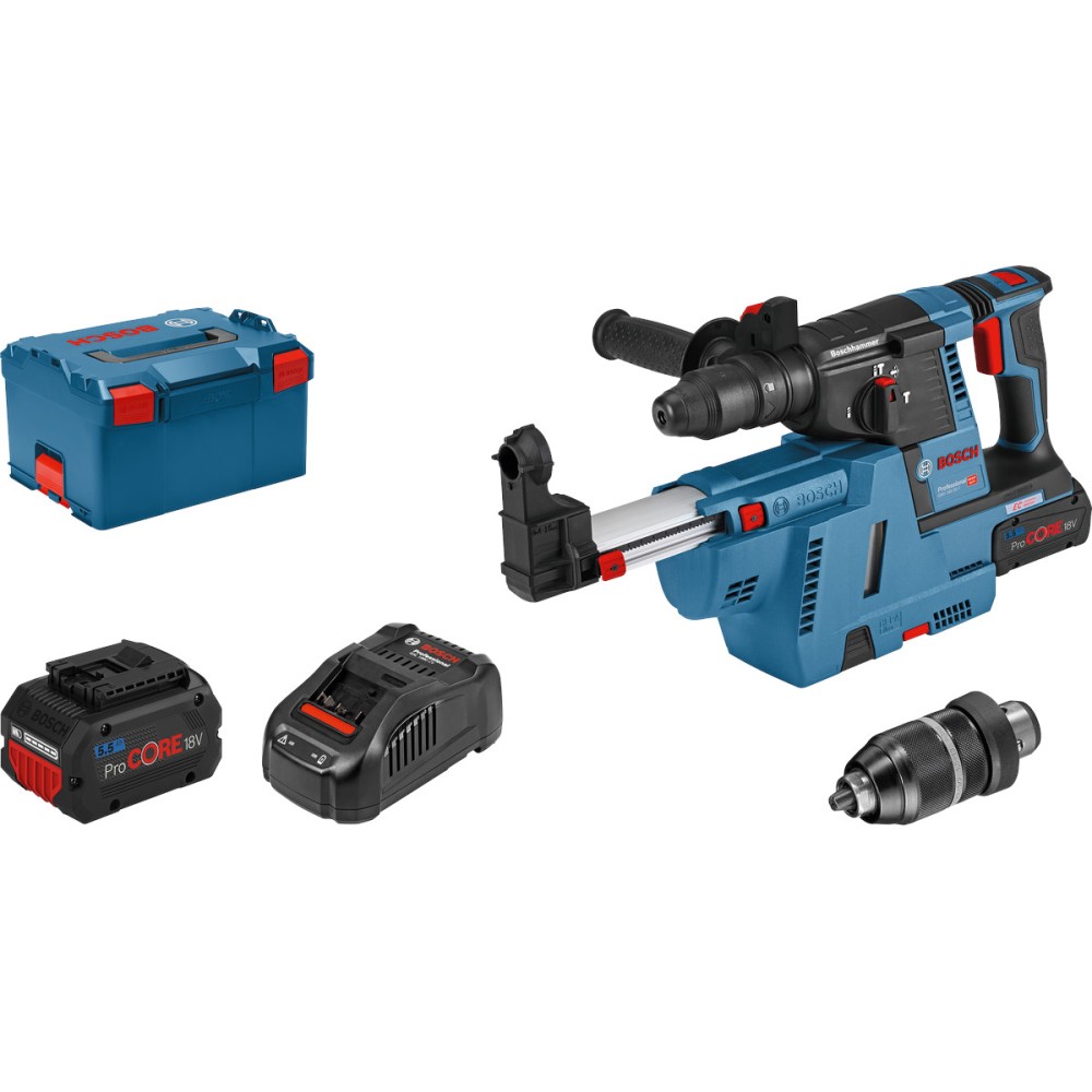 BOSCH GBH 18V-26 F Ciocan rotopercutor brushless, cu 2 acumulatori Li-Ion, 5.5Ah, 2.6J + GDE 18V-16 Sistem de extractie a praful
